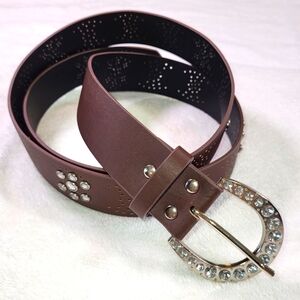 RHINESTONE Embellished Leather Look Belt / Silver Buckle - Size 22W